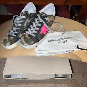 Golden Goose Camouflage Sneakers with Pink Star